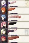  6+girls absurdres animal_penis artist_name blonde_hair blue_eyes blue_hair blunt_bangs braid commentary constance_von_nuvelle dark-skinned_female dark_skin earrings english_commentary fire_emblem fire_emblem:_three_houses futanari hair_bun hapi_(fire_emblem) highres hilda_valentine_goneril horse_penis huge_penis jewelry kushishekku large_penis leonie_pinelli long_hair looking_at_viewer lysithea_von_ordelia marianne_von_edmund multiple_girls orange_eyes orange_hair patreon_username penis penis_chart penis_size_difference pink_hair red_hair veins veiny_penis watermark white_hair 