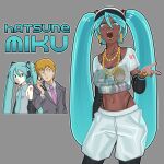  1boy 1girl ai-generated_art_(topic) alternate_skin_color aqua_eyes aqua_hair aqua_nails breasts character_name character_print commentary cropped_shirt dark-skinned_female dark_skin detached_sleeves earrings english_commentary grey_background hat hatsune_miku highres hoop_earrings jewelry lip_piercing long_hair looking_at_viewer midriff mob_psycho_100 navel_piercing necklace necktie nicuoi open_mouth piercing print_shirt reigen_arataka ring self_character_print shirt short_sleeves shorts simple_background standing twintails very_dark_skin very_long_hair vocaloid white_shorts 