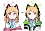  2girls :3 animal_ear_headphones animal_ears aqua_bow bbyong403 blonde_hair blue_archive blue_necktie bow bright_pupils cat_ear_headphones closed_mouth collared_shirt commentary fake_animal_ears green_eyes green_jacket hair_bow halo headphones hood hooded_jacket jacket jacket_partially_removed korean_text light_blush long_sleeves looking_at_viewer medium_hair midori_(blue_archive) momoi_(blue_archive) multicolored_clothes multicolored_jacket multiple_girls necktie pink_eyes pink_jacket red_bow shirt siblings simple_background sisters translated twins upper_body white_jacket white_shirt 