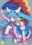  1girl ahoge ankle_boots aqua_eyes asymmetrical_clothes blue_cape blue_dress blue_footwear blue_hair blunt_bangs boots bow cape cure_sky cut_bangs detached_sleeves dress fingerless_gloves full_body gloves gradient_hair hair_bow hair_ornament hand_on_floor hirogaru_sky!_precure holding holding_cape holding_clothes isshoku_(shiki) jewelry long_hair magical_girl miniskirt multicolored_hair pink_hair precure puffy_detached_sleeves puffy_sleeves shadow skirt smile sora_harewataru streaked_hair twintails two-sided_cape two-sided_fabric two-tone_hair very_long_hair wing_hair_ornament 