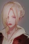  1girl annie_leonhardt blonde_hair blurry brown_jacket commentary_request expressionless eyebrows_hidden_by_hair frown hair_bun hair_over_one_eye hood hoodie inoitoh jacket portrait purple_eyes red_lips shingeki_no_kyojin single_hair_bun solo 