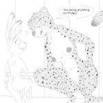  &lt;3 anthro bench breasts cheetah crouching dialogue disney duo felid feline female genitals judy_hopps kii_catano lagomorph leporid locker_room mammal navel nervous nipples nude pussy rabbit size_difference suggestive text thermite zootopia 