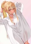  1girl absurdres blonde_hair blush breasts closed_mouth collarbone collared_shirt commentary_request dark-skinned_female dark_skin dutch_angle elf hair_between_eyes highres hololive long_hair looking_at_viewer medium_breasts multicolored_hair naked_shirt oniku_(o29sukizero) pointy_ears ponytail red_eyes see-through see-through_shirt shiranui_flare shirt sidelocks smile solo streaked_hair tying_hair virtual_youtuber white_background white_shirt wing_collar 