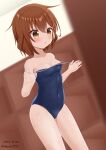  1girl absurdres blue_one-piece_swimsuit breasts brown_eyes brown_hair competition_school_swimsuit covered_navel dutch_angle highres ikazuchi_(kancolle) kantai_collection no._vii one-piece_swimsuit school_swimsuit short_hair small_breasts solo standing swimsuit 