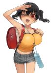  1girl ;d armpits backpack bag blush breasts camisole commentary_request fang gaki_kyonyuu grey_shorts hair_between_eyes highres kaedeko_(kaedelic) large_breasts looking_at_viewer midriff navel one_eye_closed oppai_loli randoseru sasaki_kanna_(kaedeko) short_hair shorts simple_background skin_fang smile solo standing thighs twintails white_background yellow_camisole 