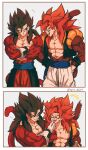  2boys absurdres biceps black_hair black_wristband blue_eyes blue_sash body_fur dragon_ball dragon_ball_gt dragon_ball_heroes earrings gogeta green_eyes highres jewelry long_hair metamoran_vest monkey_boy monkey_tail multiple_boys no_nipples potara_earrings red_fur red_hair relio_db318 sash spiked_hair super_saiyan super_saiyan_4 tail tongue tongue_out vegetto vegetto_(xeno) veins veiny_hands 