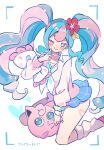  1girl blue_eyes blue_hair blue_skirt blush choker closed_mouth curly_hair earrings fairy_miku_(project_voltage) flower hair_flower hair_ornament hand_up hatsune_miku heart highres jewelry jigglypuff kneeling lllll_(llllla3434) long_hair long_sleeves looking_at_viewer loose_socks miniskirt multicolored_hair nail_polish neckerchief one_eye_closed open_mouth pillow pink_choker pink_footwear pink_hair pink_nails pink_sweater plaid plaid_skirt pleated_skirt pokemon pokemon_(creature) project_voltage red_flower scrunchie sidelocks skirt smile socks sweater twintails two-tone_hair v very_long_hair vocaloid white_background white_neckerchief wrist_scrunchie yellow_flower yellow_scrunchie 