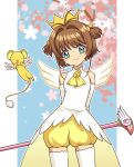  ._. 1girl :d bare_shoulders bow branch brown_hair cardcaptor_sakura closed_mouth crown dress elbow_gloves flower gloves green_eyes hair_bow hair_intakes highres kero kinomoto_sakura looking_at_viewer pink_flower puffy_shorts que_meng_meng short_shorts shorts sleeveless sleeveless_dress smile staff standing thighhighs two_side_up white_dress white_gloves white_thighhighs winged_animal yellow_shorts 