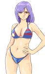  1girl arm_at_side bare_arms bare_shoulders bikini blue_bikini breasts cleavage closed_mouth earrings gundam gundam_zz hand_on_own_hip highres jewelry legs_apart light_purple_hair medium_breasts medium_hair mizumori_keiichi red_eyes roux_louka simple_background single_earring smile solo standing star_(symbol) swimsuit thighs white_background 