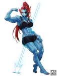  abs animal_humanoid athletic athletic_female big_breasts blue_body bottomwear bra breasts clothing colored_nails eye_patch eyeshadow eyewear female fin flexing flexing_bicep gills glowing_weapon hair half-closed_eyes humanoid jamrolypoly long_hair looking_at_viewer magic magic_user magic_weapon makeup marine marine_humanoid melee_weapon monster muscular muscular_female nails narrowed_eyes polearm ponytail ponytail_(hair) red_hair scar sharp_teeth shorts simple_background solo spandex spandex_shorts spear sports_bra teeth tight_clothing undertale undertale_(series) underwear undyne weapon white_background 