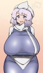  1girl absurdres apron breasts commentary english_commentary gradient_background highres huge_breasts kurodani_yamame letty_whiterock looking_at_viewer open_mouth orange_background purple_eyes purple_hair rinyamame short_hair solo touhou white_apron white_headwear 