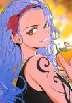  1girl absurdres arm_tattoo bare_shoulders blue_hair food fruit hairband highres holding holding_food holding_fruit lipstick long_hair looking_at_viewer makeup mygiorni nojiko one_piece orange_(fruit) pink_lips red_hairband smile solo tattoo teeth wavy_hair 