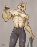  abs anthro bottomwear canid canine canis chest_fur clothing drunkennoodler male mammal muscular pants solo underwear wolf 