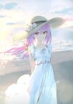  1girl absurdres alternate_costume arms_behind_back atsuko_(blue_archive) backlighting beach blue_archive closed_mouth commentary dress evening flower frilled_dress frills hair_ribbon halo hat hat_flower highres light_smile looking_at_viewer low_twintails medium_hair ocean outdoors purple_hair red_eyes ribbon sand sleeveless sleeveless_dress solo standing straw_hat sun_hat sundress sunset twintails wasabi60 water white_dress yellow_ribbon 