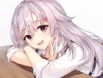  1girl :d cofetaru commentary_request crossed_arms desk double-parted_bangs eyelashes eyes_visible_through_hair grey_hair hair_between_eyes hair_ornament hair_over_shoulder hairclip head_tilt kinoshita_kaede leaning_forward light_blush long_hair long_sleeves nail_polish open_mouth purple_nails red_eyes school_uniform simple_background sleeves_rolled_up smile solo spiked_hair suspenders teeth tenshi_souzou thick_eyebrows upper_teeth_only waving wavy_hair white_background 