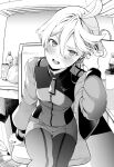  1girl absurdres ahoge blush bottle breasts can chair foreshortening front-seamed_legwear greyscale gundam gundam_suisei_no_majo hand_in_own_hair hand_up highres indoors jacket long_hair long_sleeves looking_at_viewer miorine_rembran mitarashimame monochrome on_chair open_mouth pantyhose pantyhose_under_shorts seamed_legwear shorts sitting small_breasts solo water_bottle 