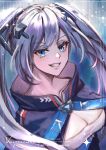  1girl arc_reactor azur_lane blue_coat blue_eyes breasts cleavage coat grey_hair hair_between_eyes hair_ornament intrepid_(azur_lane) long_hair looking_at_viewer neck sidelocks signature smile solo strap twintails upper_body vayreceane 