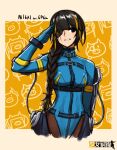  1girl 6p62_(girls&#039;_frontline) bangs belt black_hair bodysuit braid breasts character_name cheogtanbyeong commentary_request copyright_name cosplay eyepatch girls&#039;_frontline highres long_hair looking_at_viewer m16a1_(girls&#039;_frontline) multicolored_hair open_mouth orange_hair scar scar_on_face smile solo streaked_hair teeth 