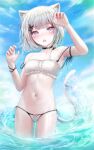  1girl animal_ears bell bikini black_choker blush breasts cat_ears cat_girl cat_tail choker fang highres indie_virtual_youtuber navel neck_bell neruru_(vtuber) seeledayo short_hair skin_fang small_breasts splashing stomach swimsuit tail virtual_youtuber wading water white_bikini white_hair 