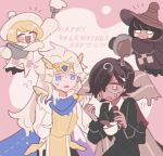  2boys 2others androgynous blonde_hair blue_gemstone bob_cut brown_hair brown_headwear cape chess_choco_cookie chess_piece cookie_run cup dark_skin espresso_cookie full_body gem happy_valentine long_hair looking_at_viewer madeleine_cookie mamimumemo mug multiple_boys multiple_others short_hair valentine white_cape white_hair white_headwear white_sleeves white_tunic wide_sleeves 