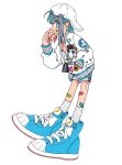  1girl aqua_eyes aqua_hair backwards_hat bandaid bandaid_on_cheek bandaid_on_face bandaid_on_knee bandaid_on_leg baseball_cap blue_footwear breasts from_side full_body grey_shorts hand_in_pocket hand_to_own_mouth hat highres jacket long_sleeves medium_hair mole mole_on_breast multicolored_hair nao97122 nipples open_clothes open_jacket original partially_unzipped patch ribbed_socks shoes short_shorts shorts sidelocks sideways_glance simple_background small_breasts sneakers socks solo standing streaked_hair white_background white_headwear white_jacket white_socks zipper_pull_tab 