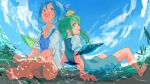  2girls 3735geriragouki arm_support barefoot blue_bow blue_dress blue_eyes blue_hair blue_sky bow buttons cirno collarbone collared_shirt crossed_legs daiyousei day detached_wings dress fairy_wings full_body green_eyes green_hair hair_bow highres leaning_back looking_at_another looking_back medium_hair mixed-language_commentary multiple_girls open_mouth outdoors partially_submerged pinafore_dress puffy_short_sleeves puffy_sleeves shirt short_hair short_sleeves sitting sky sleeveless sleeveless_dress teeth touhou upper_teeth_only water white_shirt wings 