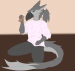  absurd_res anthro avian beak beverage bird blue_eyes clothed clothing coffee corvid corvus_(genus) crow drinking fur green_eyes grey_body grey_fur grey_tail hair hi_res looking_at_viewer male multicolored_eyes oscine passerine savo sergal simple_background sitting smile solo tail topwear 