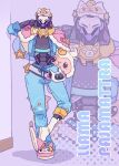  1boy absurdres alternate_costume blue_pajamas english_text full_body highres llama male_focus mug_nolia omnic open_clothes overwatch overwatch_2 pajamas ramattra_(overwatch) socks solo standing white_headwear white_socks 