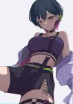  1girl absurdres bare_shoulders belt black_choker black_hair black_shorts braid brown_eyes bustier choker closed_mouth french_braid gradient_hair green_belt highres jacket kaekae_kaeru light_smile looking_at_viewer midriff multicolored_hair navel nijisanji off_shoulder official_alternate_costume open_clothes open_jacket purple_hair purple_shirt shirt short_hair shorts side_slit simple_background solo stomach suspenders thigh_strap white_background white_jacket yamagami_karuta 