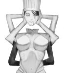  1girl absurdres blood blood_from_eyes blood_from_mouth breasts chainsaw_man chef_hat closed_eyes commentary disembodied_head extra_arms falling_devil_(chainsaw_man) flat_top_chef_hat greyscale hat highres holding_head large_breasts monochrome navel nosebleed ribs solo upper_body xyanaid 