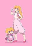  2girls alternate_costume arabian_clothes baby baby_peach blonde_hair blue_eyes capelet clenched_hand dual_persona earrings full_body gloves hand_on_own_hip highres jewelry mario_(series) multiple_girls pink_background pink_capelet pink_footwear pink_skirt pink_vest princess_peach saiwo_(saiwoproject) simple_background skirt sphere_earrings standing vest white_gloves 