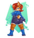  absurd_res anthro archie_comics big_breasts big_butt blue_eyes boots bottomwear breasts brown_body brown_fur brown_hair butt chipmunk clothing female footwear fur gloves ground_squirrel hair handwear hi_res jacket looking_back mammal multicolored_body multicolored_fur rodent sally_acorn sciurid sega shorts sketchytodd solo sonic_the_hedgehog_(archie) sonic_the_hedgehog_(comics) sonic_the_hedgehog_(series) topwear two_tone_body two_tone_fur 