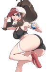  1girl ;d absurdres ass bad_anatomy baseball_cap bikini black_bikini black_sports_bra blue_eyes breasts brown_hair dive_ball gonzarez hand_on_headwear hat high_ponytail highres hilda_(pokemon) holding holding_poke_ball medium_breasts one_eye_closed open_mouth poke_ball pokemon pokemon_(game) pokemon_bw sandals sidelocks simple_background skindentation smile solo sports_bikini sports_bra sportswear sweat swimsuit thigh_strap thighs twisted_torso white_background 