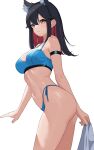  1girl absurdres animal_ears arknights arm_strap ass bare_shoulders bikini binware black_hair blue_bikini breasts brown_eyes colored_inner_hair commentary_request cowboy_shot highres long_hair looking_at_viewer medium_breasts multicolored_hair navel red_hair simple_background solo standing stomach swimsuit texas_(arknights) thighs white_background wolf_ears 