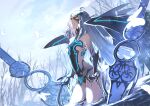  1girl absurdres bare_shoulders black_panties body_markings breasts bug butterfly cloud cloudy_sky dragon_girl dragon_tail dragon_wings fate/grand_order fate_(series) forest forked_eyebrows highres kashia liquid long_hair melusine_(fate) melusine_(third_ascension)_(fate) nature panties revealing_clothes sidelocks sky small_breasts solo tail thighs underwear very_long_hair wading weapon white_hair wings yellow_eyes 