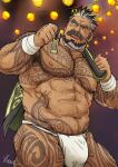  1boy arke_(crave_saga) ass_hair bara beard black_hair bulge chest_hair clothes_over_shoulder crave_saga facial_hair feet_out_of_frame from_below fujimoto_gou fundoshi highres japanese_clothes knuckle_hair large_pectorals looking_at_viewer male_focus mature_male multicolored_hair muscular muscular_male mustache old old_man pectorals short_hair solo stomach strongman_waist summer_festival textless_version thick_eyebrows thick_mustache thick_thighs thighs topless_male two-tone_hair wrinkled_skin 
