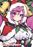  1girl absurdres capelet cleo_(dragalia_lost) dragalia_lost fur_trim ge-b hat hat_bell highres long_hair long_sleeves looking_at_viewer official_alternate_costume pink_eyes pink_hair red_capelet red_headwear santa_hat sidelocks solo twintails twitter_username upper_body white_background 