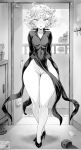 1girl :o ass_visible_through_thighs blush breasts curly_hair dress full_body greyscale highres looking_at_viewer micro_panties mogudan monochrome one-punch_man open_door open_mouth panties short_hair slippers solo standing tatsumaki underwear 