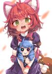  1girl :d animal_ears annie_(league_of_legends) backpack bag blurry blurry_background blush cat_ears character_doll doll fake_animal_ears green_eyes gwen_(league_of_legends) highres holding holding_doll league_of_legends medium_hair pink_bag pleated_skirt puffy_short_sleeves puffy_sleeves purple_skirt red_hair short_sleeves skirt smile solo stuffed_animal stuffed_toy teddy_bear tibbers umagenzin white_background 
