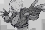  1girl angel_(kof) bone_nig bra breasts cleavage crop_top cropped_jacket fingerless_gloves gloves hair_over_one_eye highres jacket large_breasts leather leather_jacket looking_at_viewer midriff monochrome navel short_hair smile solo strapless strapless_bra the_king_of_fighters the_king_of_fighters_xiv toned underwear upper_body white_hair 