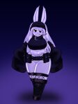  :3 anthro armorv1 belt big_breasts black_clothing black_eyes breasts clothing ears_up female fur hair hat headgear headwear hi_res jacket lagomorph leporid looking_at_viewer mammal purple_background rabbit roblox simple_background smile solo standing thick_thighs topwear white_body white_fur white_hair 
