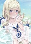  1girl alicia_florence aria aria_company_uniform artist_request blonde_hair blue_eyes blush breasts dress hat highres long_hair looking_at_viewer medium_breasts see-through shore sitting smile solo water wet wet_clothes wet_hair 