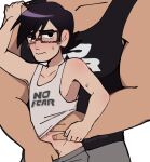  2boys black_hair black_tank_top clothes_writing crotch_grab flustered gideon_gordon_graves glasses hand_in_another&#039;s_clothes hand_in_pants hand_on_another&#039;s_arm lucas_lee male_focus male_pubic_hair matching_outfits multiple_boys muscular muscular_male official_style out_of_frame pectorals pubic_hair pubic_hair_peek scott_pilgrim_takes_off short_hair shy size_difference skinny solo_focus tank_top wavy_mouth yaoi zeke_(zekepurr) 