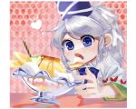  1girl argyle argyle_background blue_bow blue_bowtie blue_eyes blue_headwear blush bow bowtie cherry commentary_request eating food fruit grey_hair hat heart heart-shaped_pupils highres ice_cream japanese_clothes kariginu long_hair medium_bangs melon melon_slice mononobe_no_futo oishiinori_1248 open_mouth pink_background polka_dot polka_dot_background ponytail pudding red_bow short_sleeves solo symbol-shaped_pupils tate_eboshi touhou upper_body wafer_stick whipped_cream 