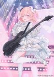  1girl bang_dream! bass_guitar bow breasts dress gloves grey_headwear hair_bow hat highres hiromachi_nanami instrument long_hair long_sleeves looking_at_viewer medium_breasts medium_hair mini_hat official_art open_mouth pink_eyes pink_hair standing standing_on_one_leg suzuho_hotaru thighhighs two_side_up white_bow white_dress white_gloves white_thighhighs 