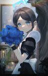  1girl absurdly_long_hair absurdres apron aris_(blue_archive) aris_(maid)_(blue_archive) black_dress black_hair blue_archive blue_eyes blue_flower blue_halo blush bottle closed_mouth cup dress drinking_glass flower halo highres holding holding_flower jicha long_hair looking_at_viewer maid maid_apron maid_headdress puffy_short_sleeves puffy_sleeves short_sleeves smile solo upper_body very_long_hair white_apron wine_glass 