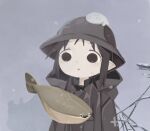  1girl absurdres black_eyes black_hair brodie_helmet chito_(shoujo_shuumatsu_ryokou) coat combat_helmet expressionless fish grey_coat grey_headwear helmet highres looking_at_animal naaga_sonomono nuko_(shoujo_shuumatsu_ryokou) open_mouth sacabambaspis short_bangs short_hair shoujo_shuumatsu_ryokou snowing triangle_mouth upper_body 