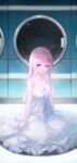  1girl absurdres blue_eyes breasts crystalherb dress hair_between_eyes highres indoors korean_commentary long_hair looking_at_viewer on_floor original parted_lips pink_hair small_breasts solo white_dress 