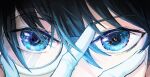  1boy absurdres avatra black_hair blue_eyes close-up commentary english_commentary eye_focus eye_reflection gloves hair_between_eyes hand_on_own_face highres kaitou_kid kudou_shin&#039;ichi looking_at_viewer male_focus meitantei_conan monocle reflection solo straight-on white_gloves 