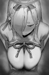  1boy 1girl absurdres blue_archive blush breasts censored closed_eyes closed_mouth eyes_visible_through_hair greyscale hair_over_one_eye hairband halo hetero highres kaho_(blue_archive) large_breasts male_pubic_hair monochrome mosaic_censoring nude paizuri penis pubic_hair putama solo_focus thick_eyebrows 